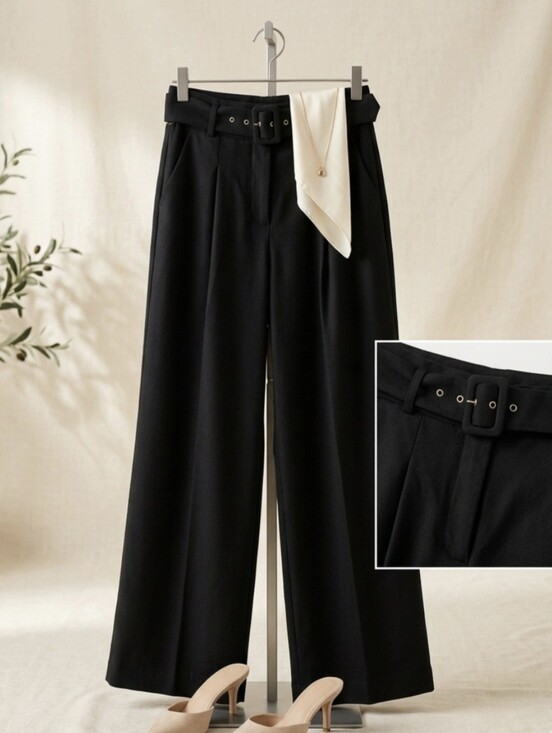 Worthington Pants - Worthington Women's Black Wide Leg Pleated Trousers Pants High Rise Belt Size 4